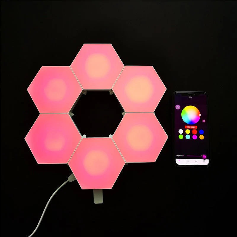 Compatible with Apple, Wireless Smart Phone Controlled LED Modular Honeycomb Light DIY Assembly Hexagonal Quantum Light Working With Android IOS System